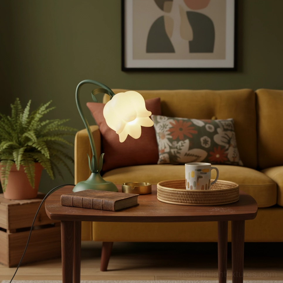 Modern floral table lamp with three-color changing LED light in neutral white temperature
