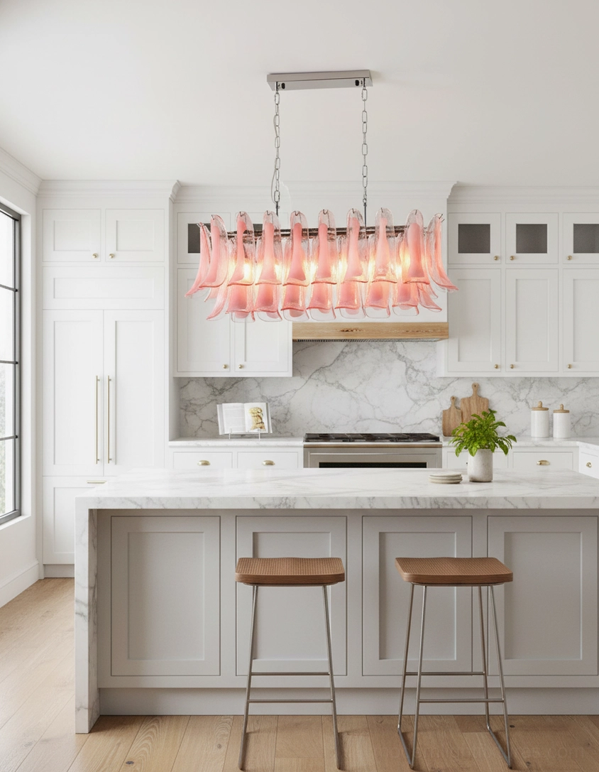Tulip leaf chandelier architectural detail highlighting chrome frame and sculptural glass arrangement