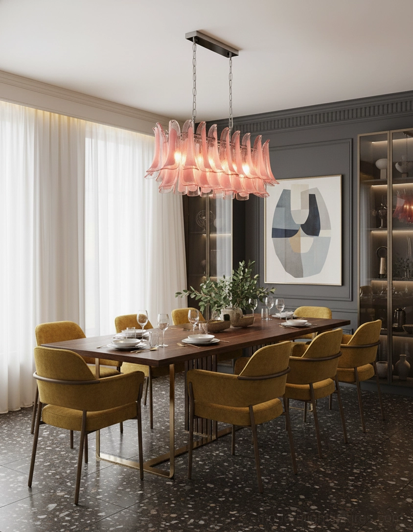 Modern tulip leaf chandelier detail showing hand-shaped glass pendants and chrome metal framework