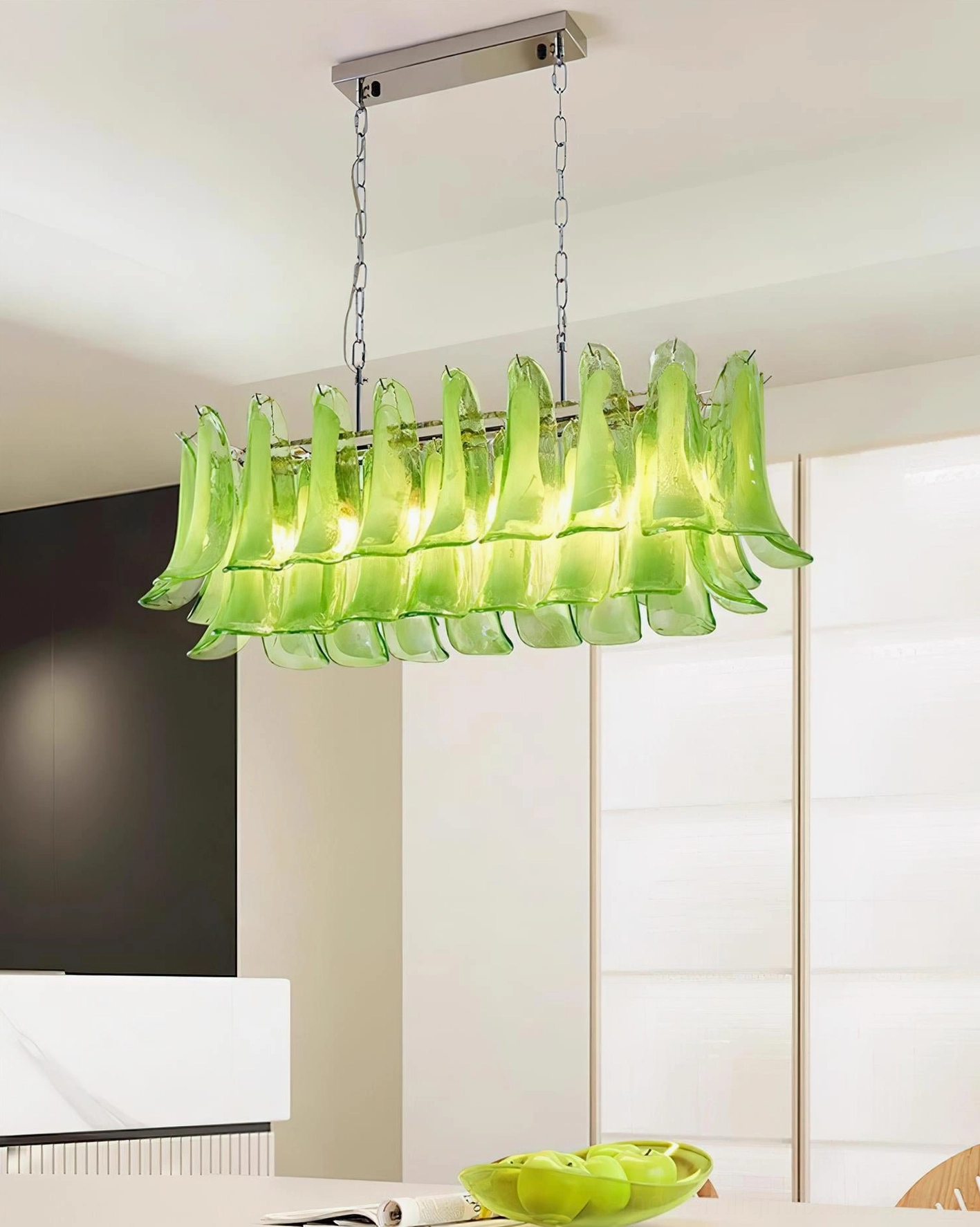 Tulip leaf glass chandelier detail showing individual hand-shaped pendants and craftsmanship