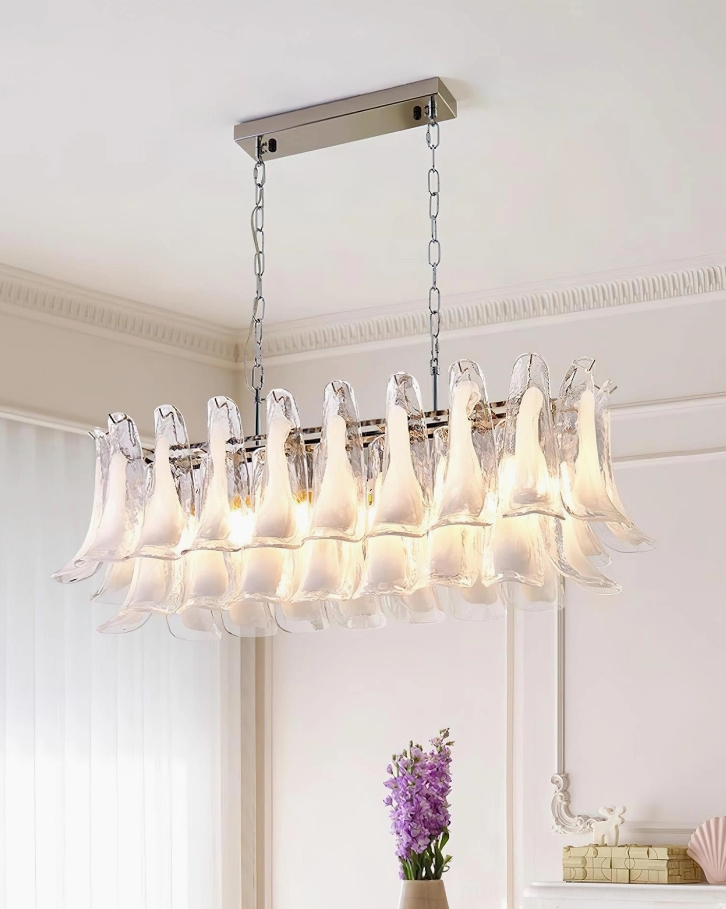 Tulip leaf chandelier in minimalist modern interior demonstrating sculptural design impact