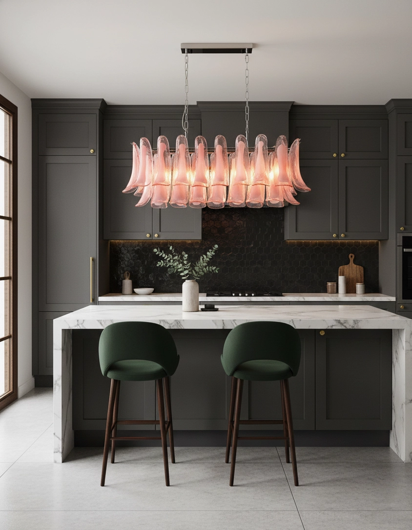 Close-up view of tulip leaf glass pendants showing Murano-style craftsmanship and light refraction