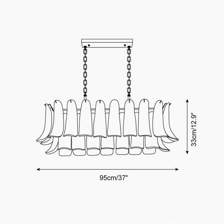 Technical dimensional drawing of modern tulip leaf chandelier showing 95cm length and 33cm height specifications