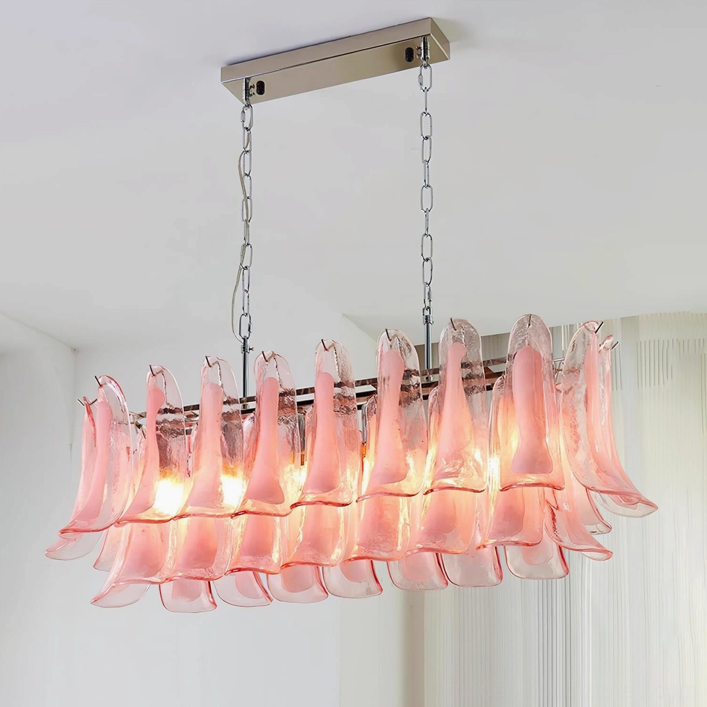 Modern tulip leaf chandelier in transitional interior bridging classic and contemporary styles