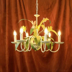 Hand-painted tulip floral pendant light close-up detail shot showing delicate cream metal frame and pastel flower accents