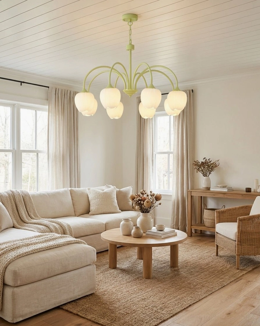 Tulip botanical chandelier in cozy farmhouse living room with green frame and minimalist decor