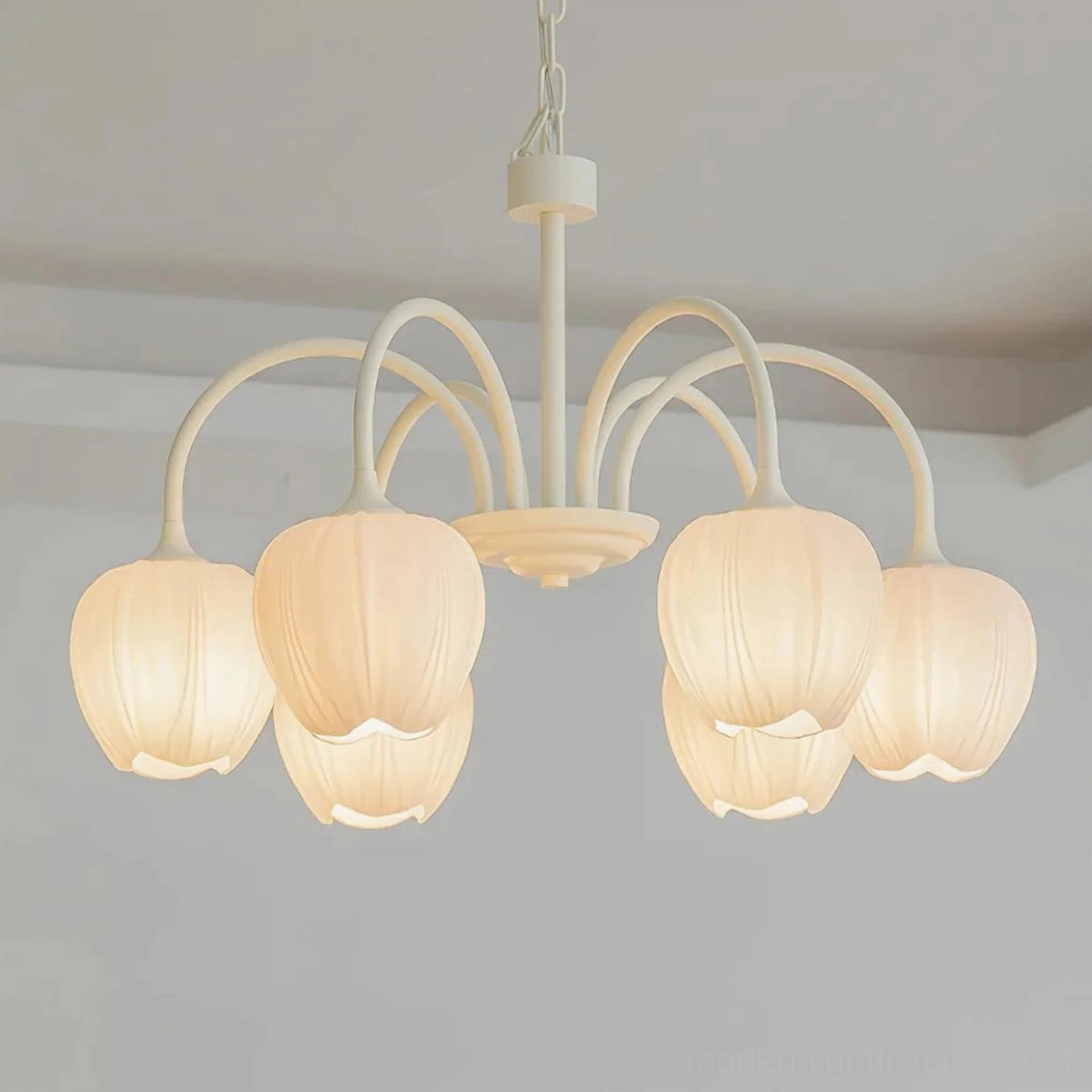 Cream white tulip chandelier 6-head size perfect for standard dining room installation