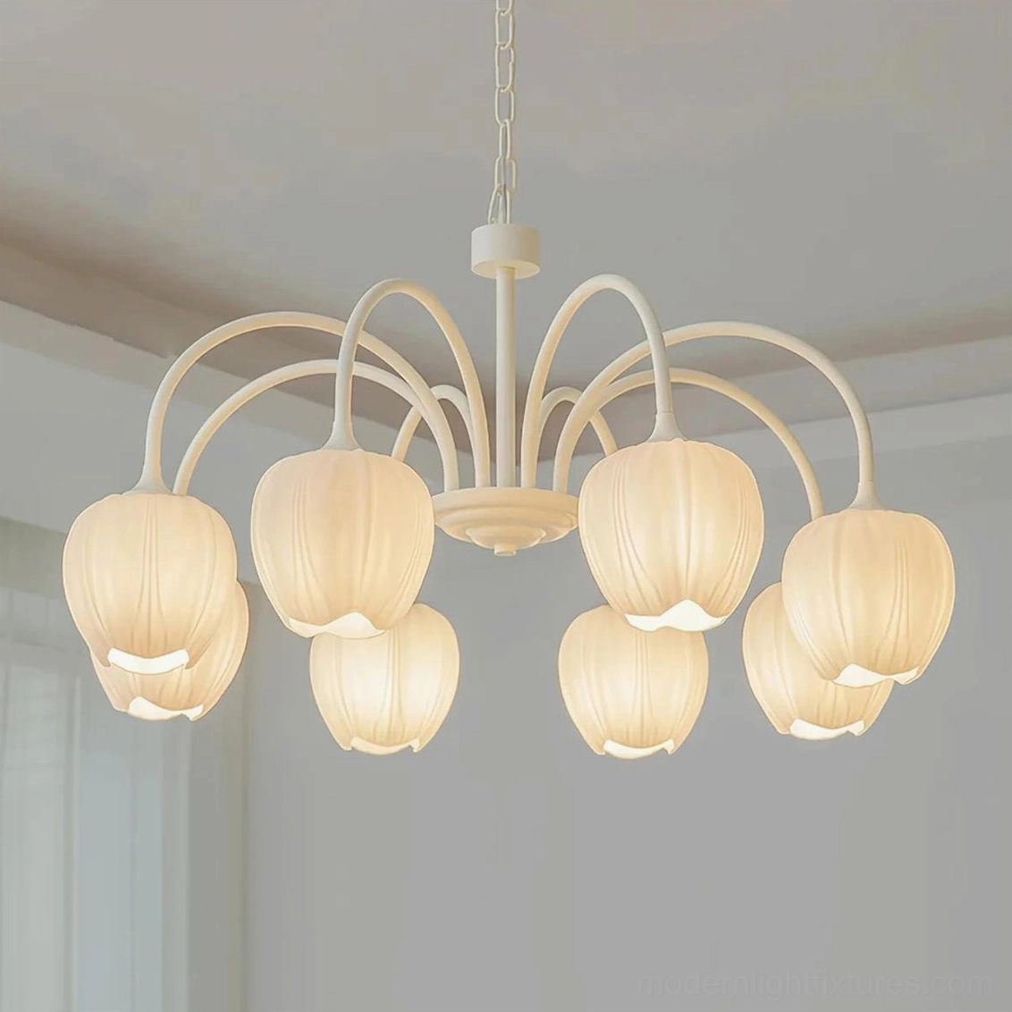 Cream white tulip chandelier 8-head size for expansive living spaces with fluted glass shades