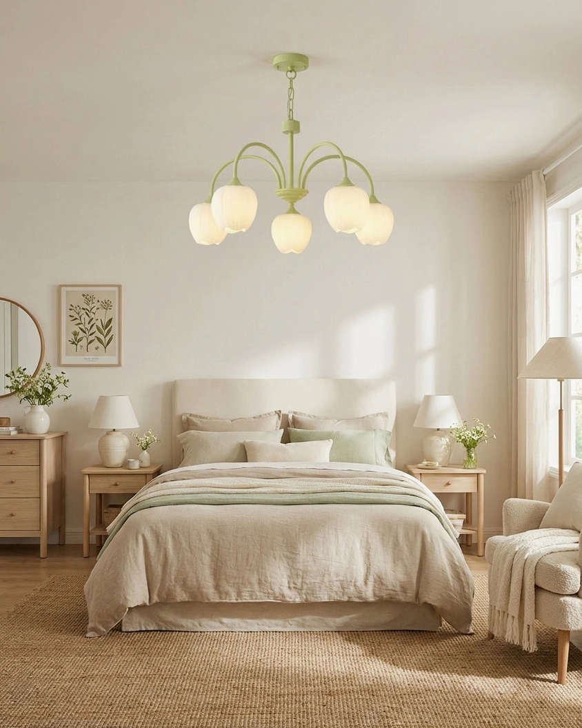 Botanical chandelier with cream white frame in cozy farmhouse bedroom with neutral linen decor