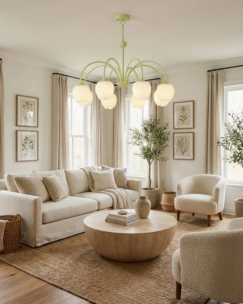 Cream white botanical chandelier in spacious neutral living room with green plants and lounge furniture