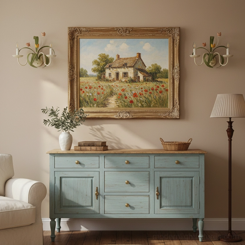 Twin tulip wall sconces flanking framed landscape art in vintage living room cabinet - wide room perspective