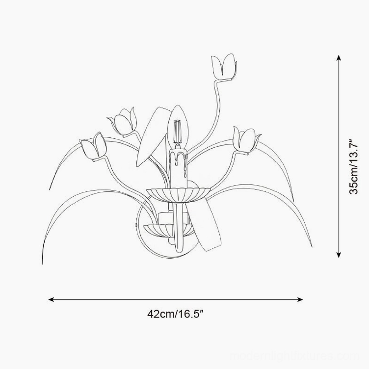 Technical line drawing specification of tulip wall sconce - orthographic front view with 42cm width and 35cm height dimensions