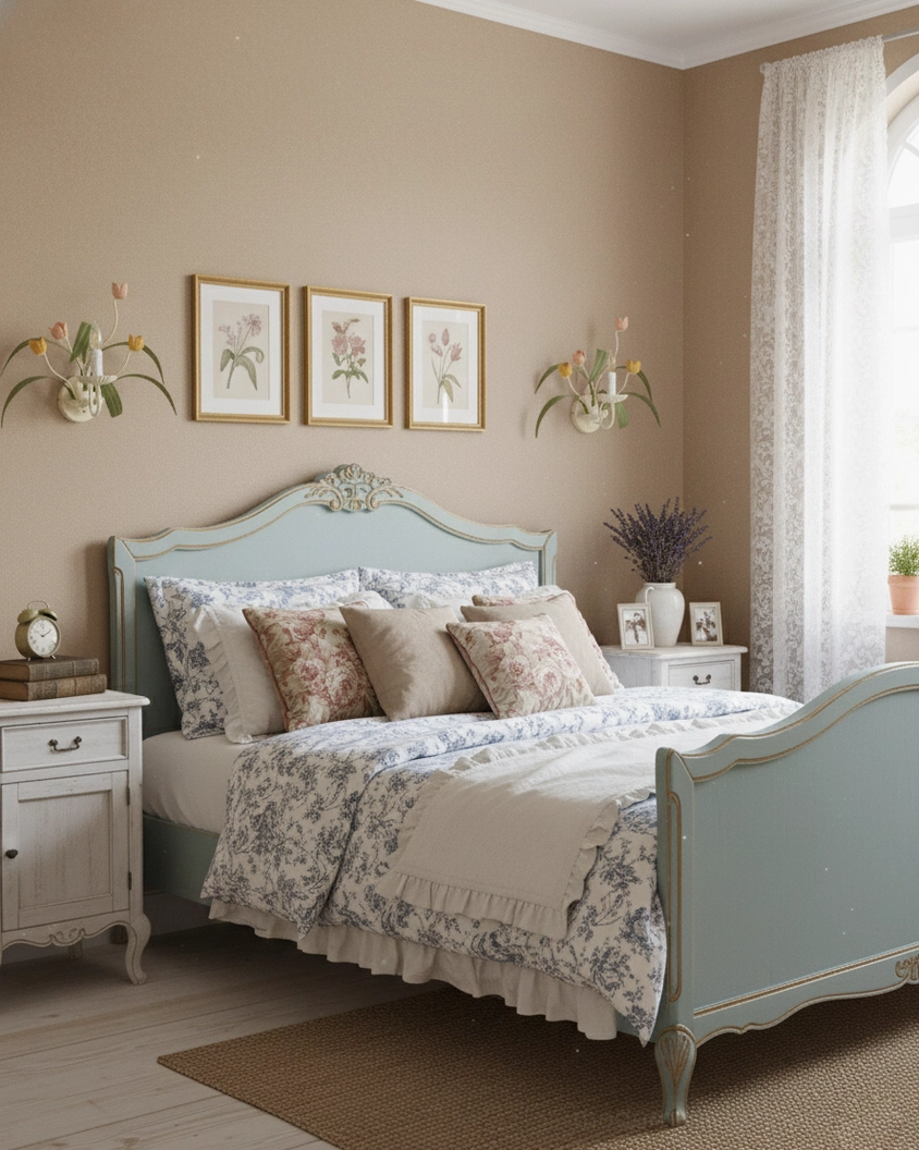Twin botanical tulip wall sconces in master bedroom shabby chic interior - paired with botanical wall art above headboard