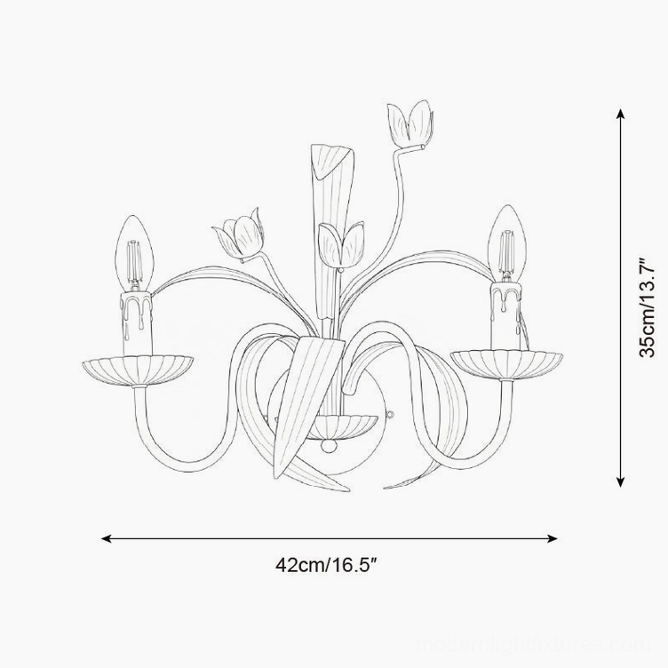 Alternative technical illustration of botanical tulip wall sconce design - orthographic front elevation showing alternative stem layout