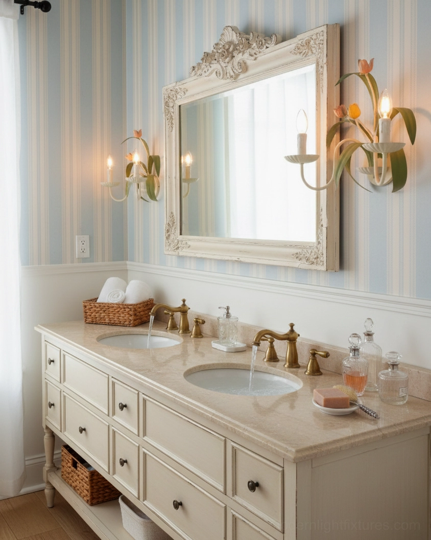 Paired tulip wall sconces in striped accent bathroom - French country bathroom decor with ornate mirror and brass vanity