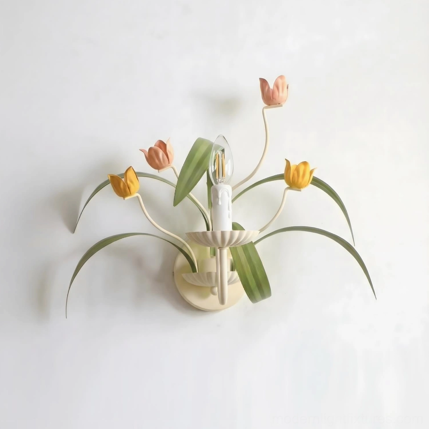 Single head tulip wall sconce in green and white finish - front view highlighting delicate petal details and organic curves