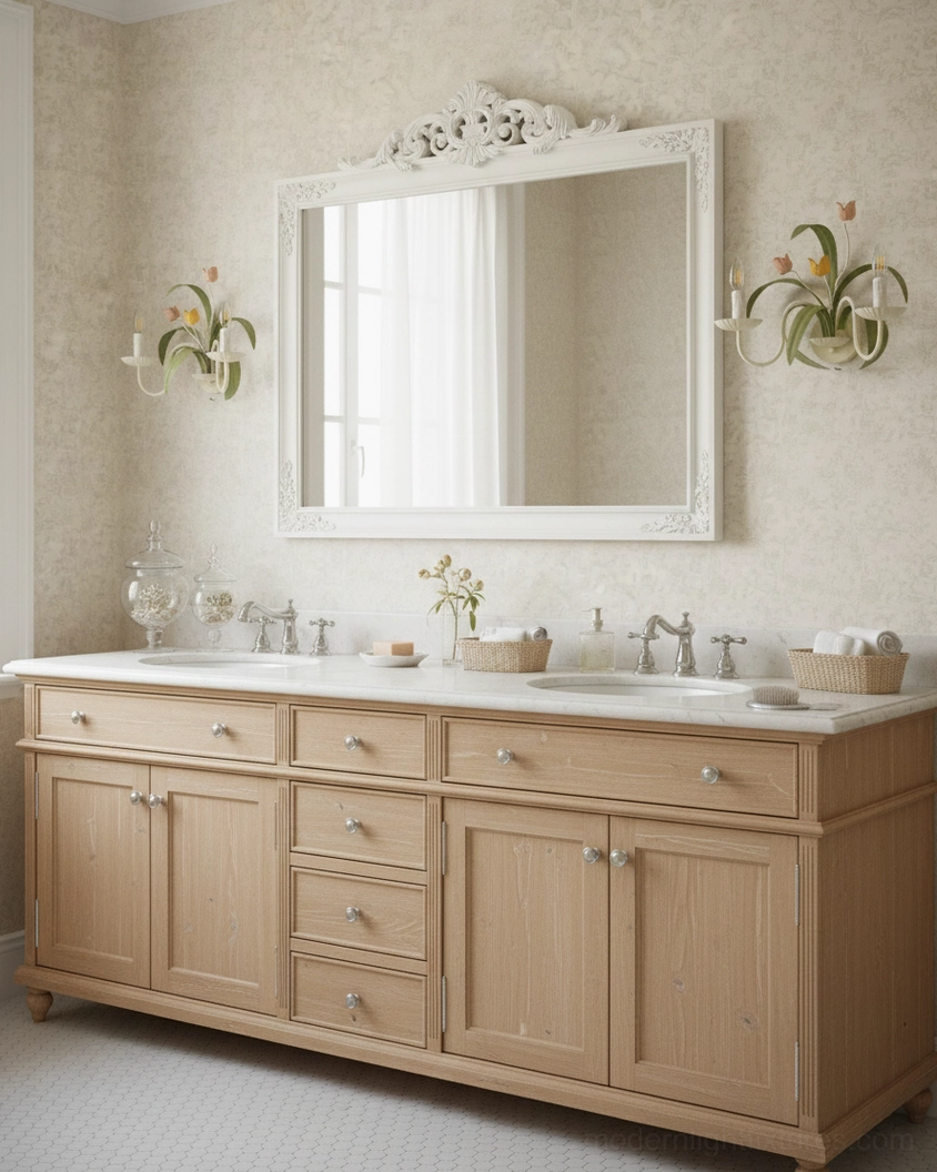 Double tulip wall sconces flanking ornate white framed mirror in neutral vanity bathroom - rustic country style