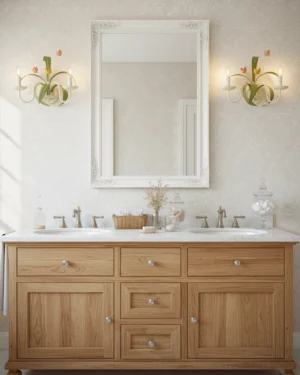 Pair of tulip wall sconces installed on double bathroom vanity - eye-level front view with rustic French country aesthetic