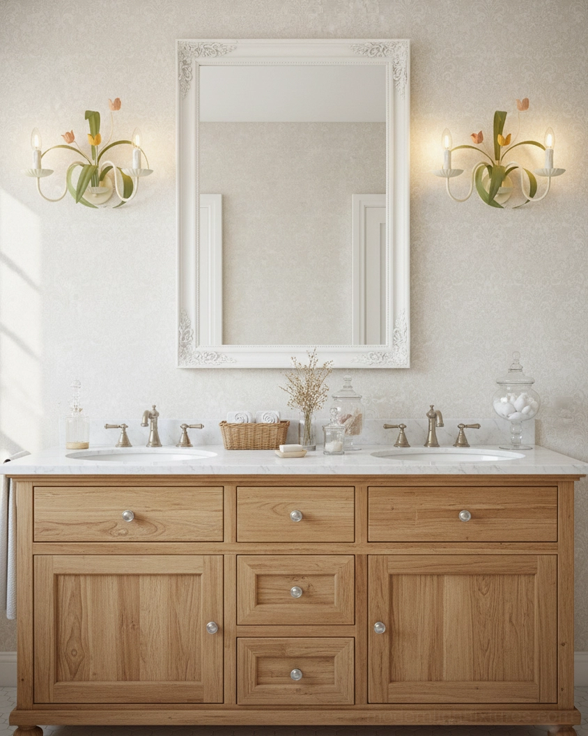 Pair of tulip wall sconces installed on double bathroom vanity - eye-level front view with rustic French country aesthetic