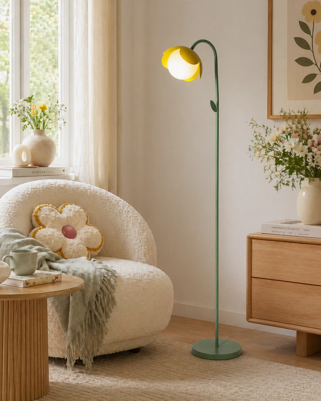 Tulira flower floor lamp in warm boho living room with yellow petal shades, green metal pole, modern botanical lighting accent
