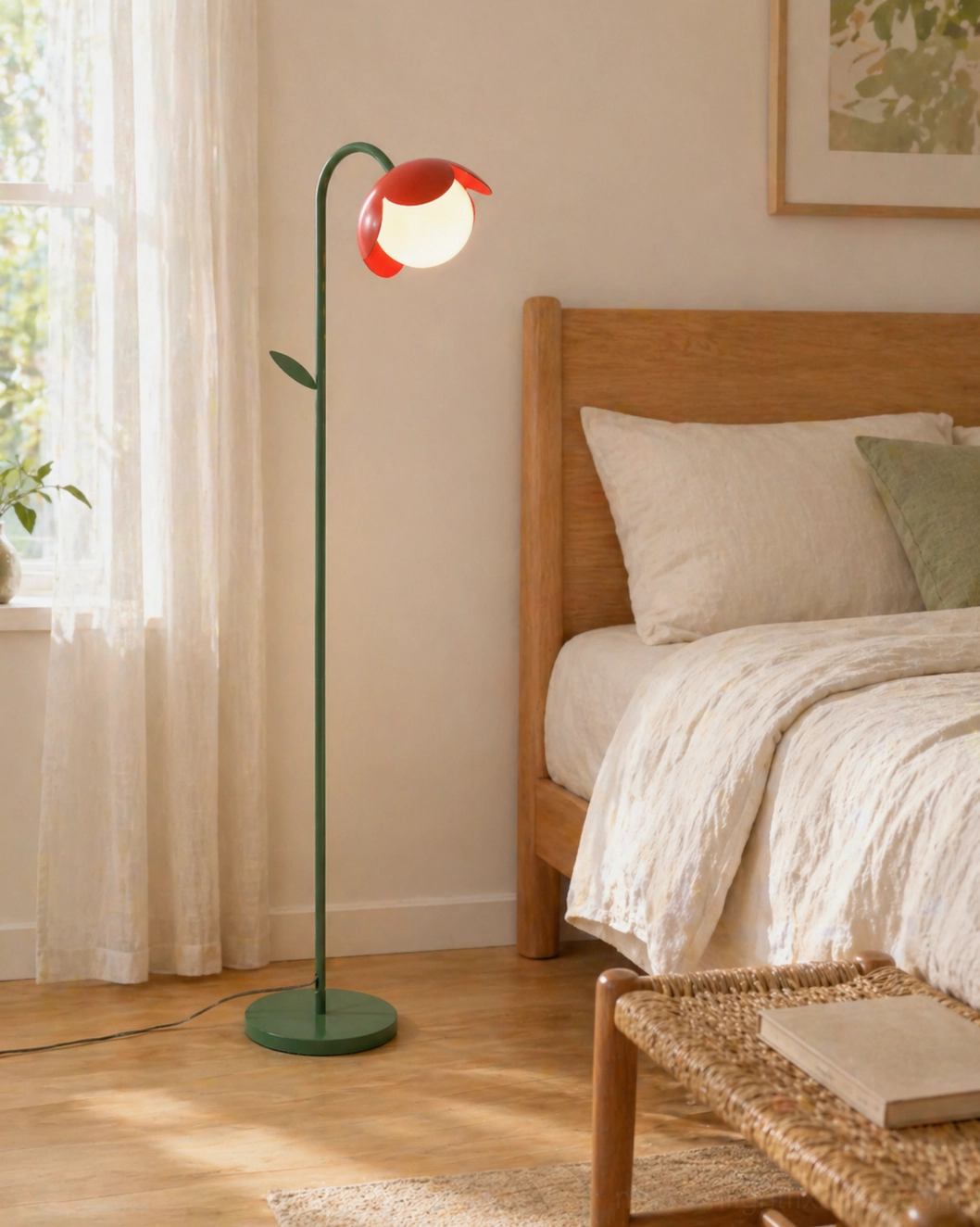 Tulira flower floor lamp in warm neutral bedroom with wooden bed frame and sheer curtains, soft ambient lighting solution