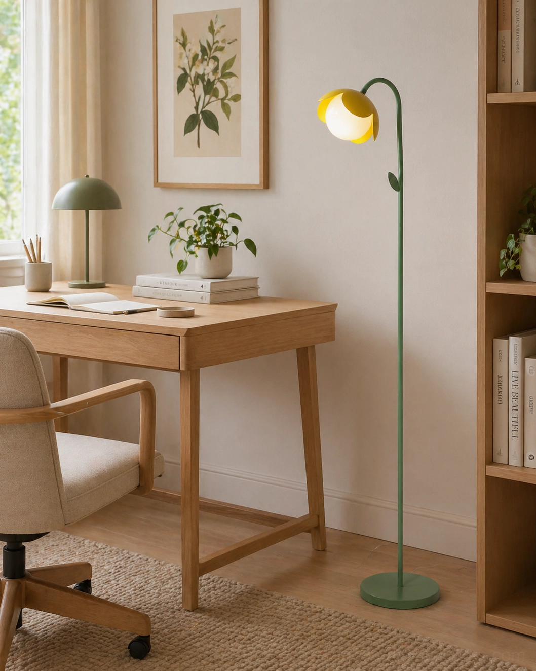 Tulira floor lamp full product showcase, sculptural botanical design with green stem and flower petal shades, modern lighting