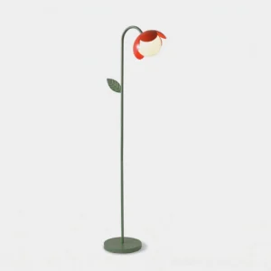 Tulira botanical floor lamp with green metal stem and red tulip-shaped petal shades, front studio view showcasing modern sculptural design