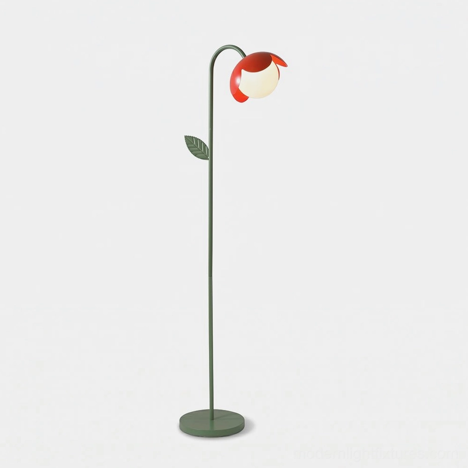 Tulira botanical floor lamp with green metal stem and red tulip-shaped petal shades, front studio view showcasing modern sculptural design