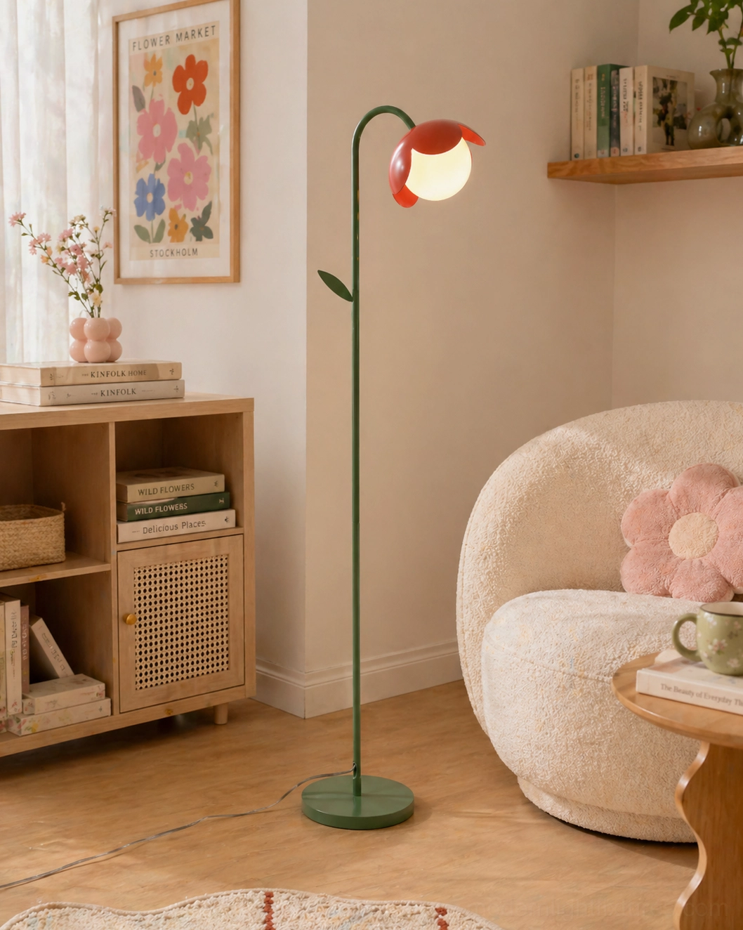 Tulira floor lamp detailed product shot showcasing glass petal shade craftsmanship and metal stem construction, contemporary design