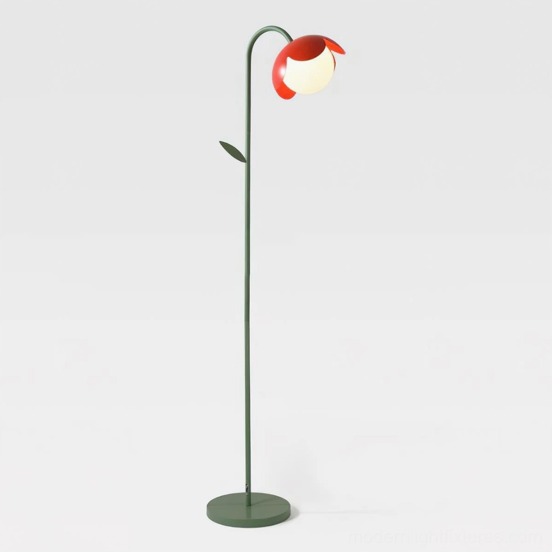 Tulira modern botanical floor lamp three-quarter front view, green metal pole with delicate petal shades, sculptural design detail