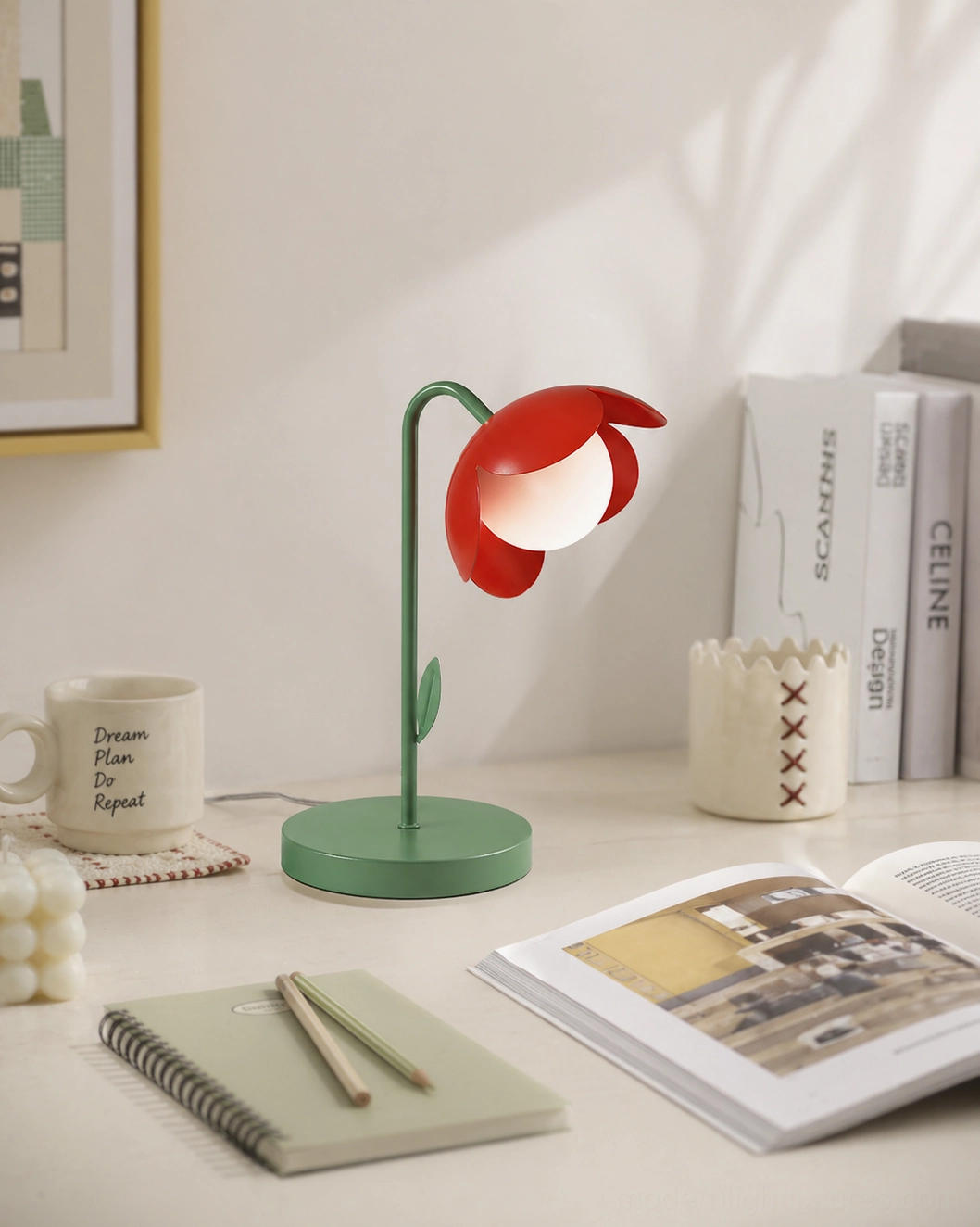 Tulira green and red tulip table lamp demonstrating petal shade design - modern botanical table lighting