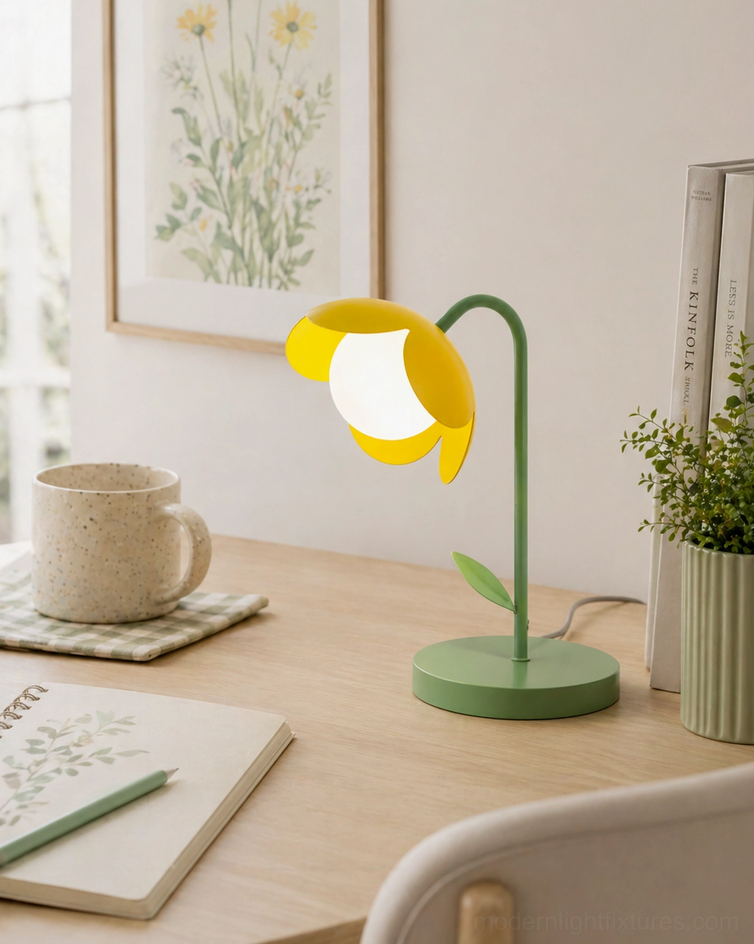 Tulira green and yellow botanical table lamp front view - contemporary flower desk light with glass diffuser