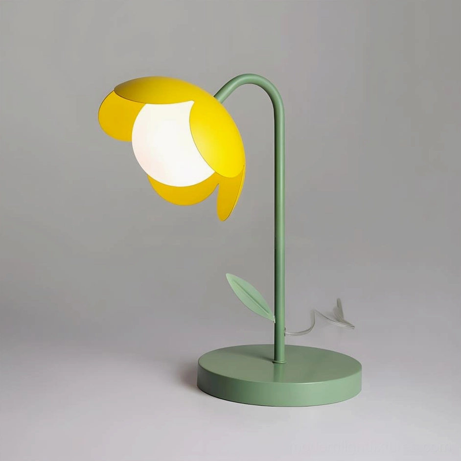 Tulira table lamp in green and yellow color variant - modern tulip-inspired petal lamp with metal stem