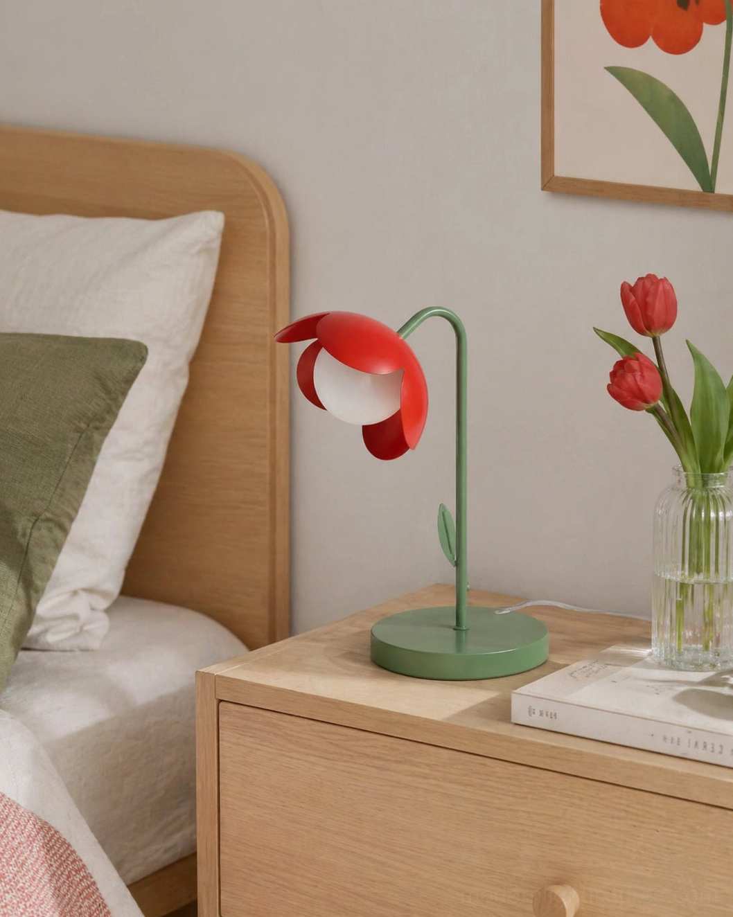 Red tulip table lamp on bedroom nightstand paired with matching vase and red bedding - modern flower bedside light