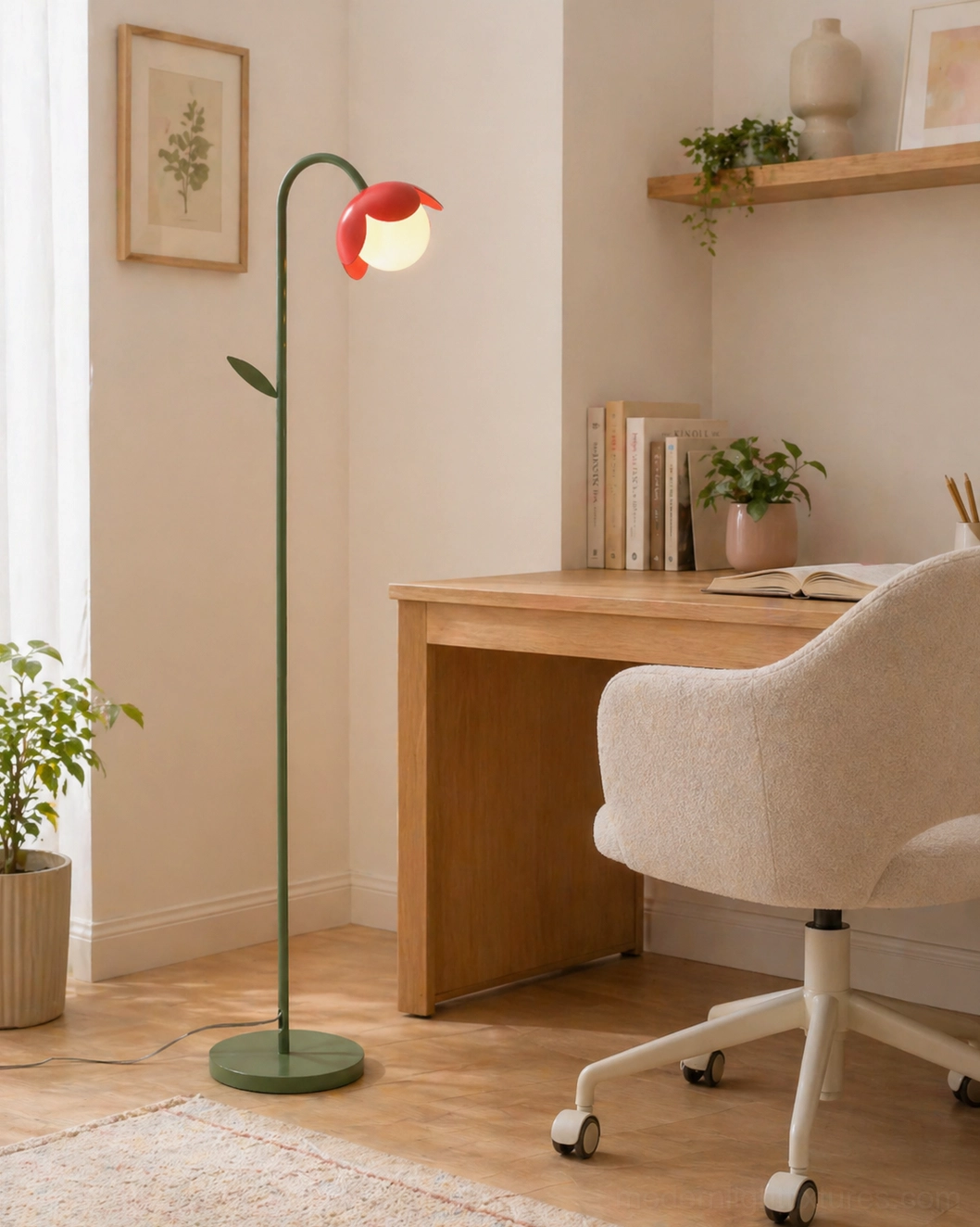 Tulira modern floor lamp with red petal shades in contemporary home office workspace with wooden desk and office chair