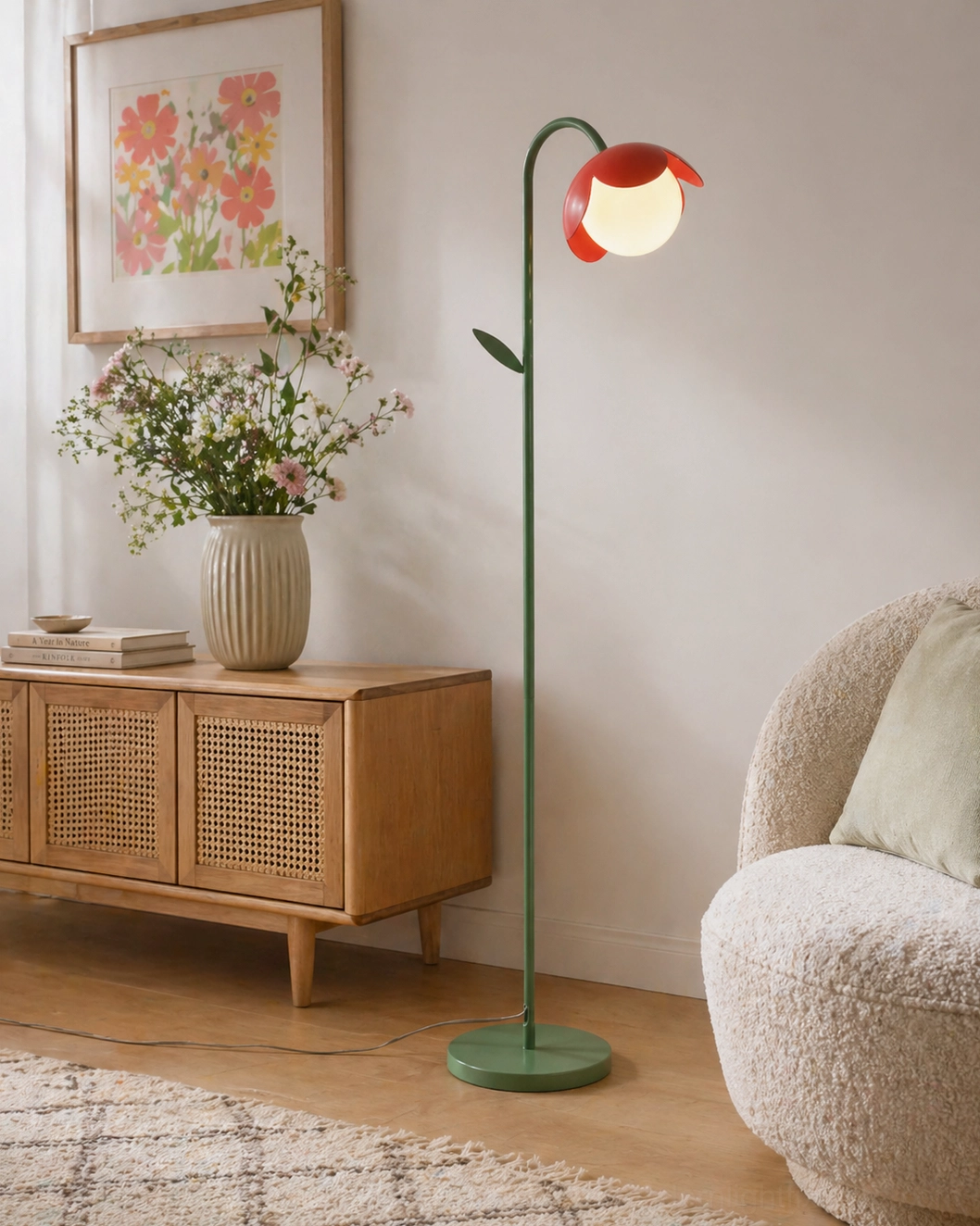 Tulira sculptural floor lamp with red flower shades beside rustic wooden furniture, contemporary botanical interior design