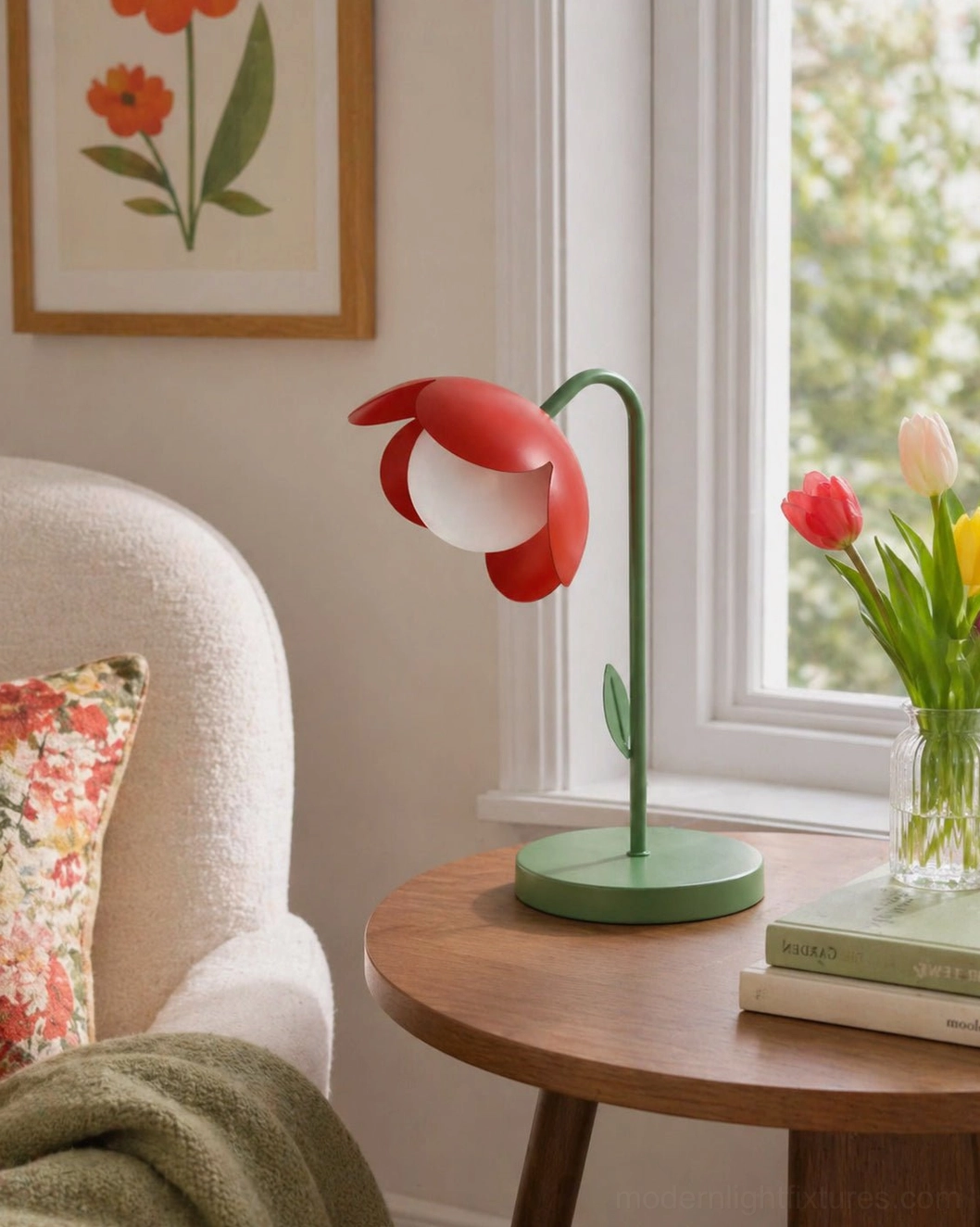 Red tulip table lamp displayed on living room side table with floral decor and soft sofa - botanical desk lighting