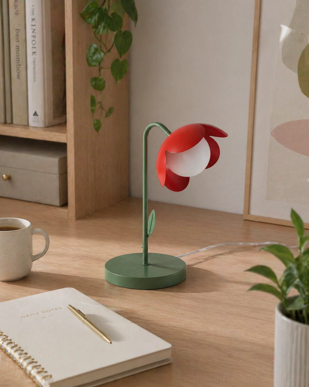 Red tulip table lamp on wooden workspace desk with notebook and coffee mug - modern botanical desk accessory