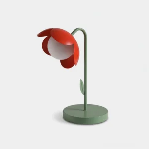 Tulira botanical table lamp with red petal shade and green metal stem on white background - modern flower desk light