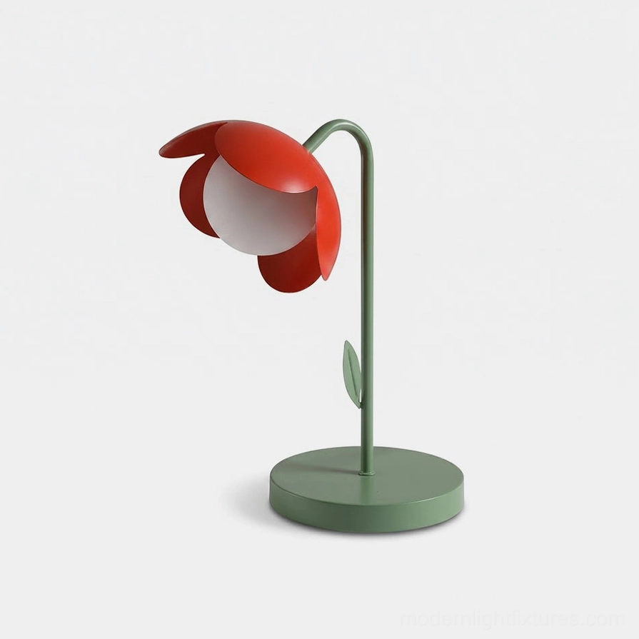 Tulira botanical table lamp with red petal shade and green metal stem on white background - modern flower desk light