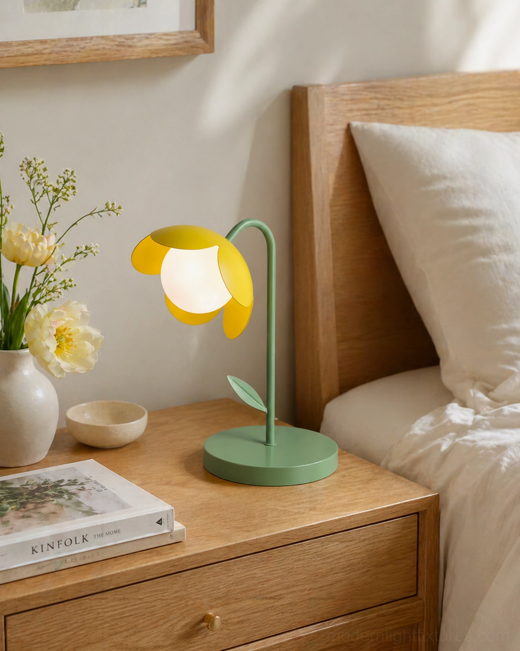 Tulira table lamp demonstrating warm ambient light from petal shade - botanical modern table lighting solution