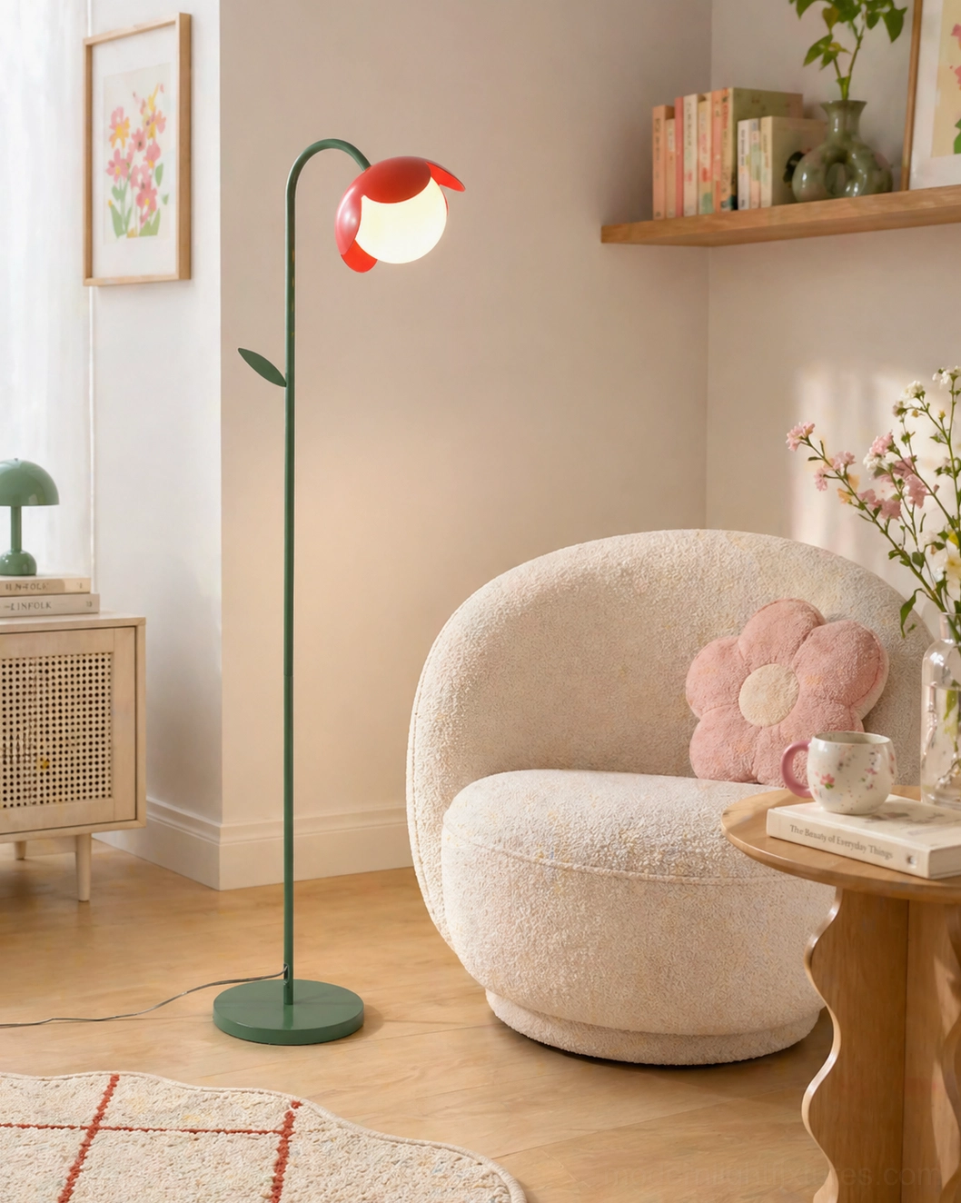 Tulira tulip floor lamp close-up of petal shade design and glowing globe, premium glass and metal craftsmanship
