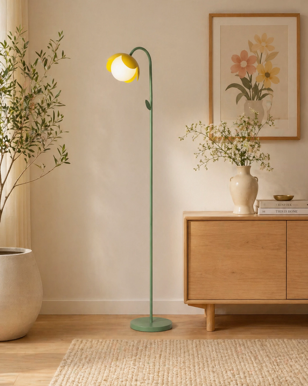 Tulira floor light with yellow tulip shades and green metal stem in minimalist Japandi home office with potted plants