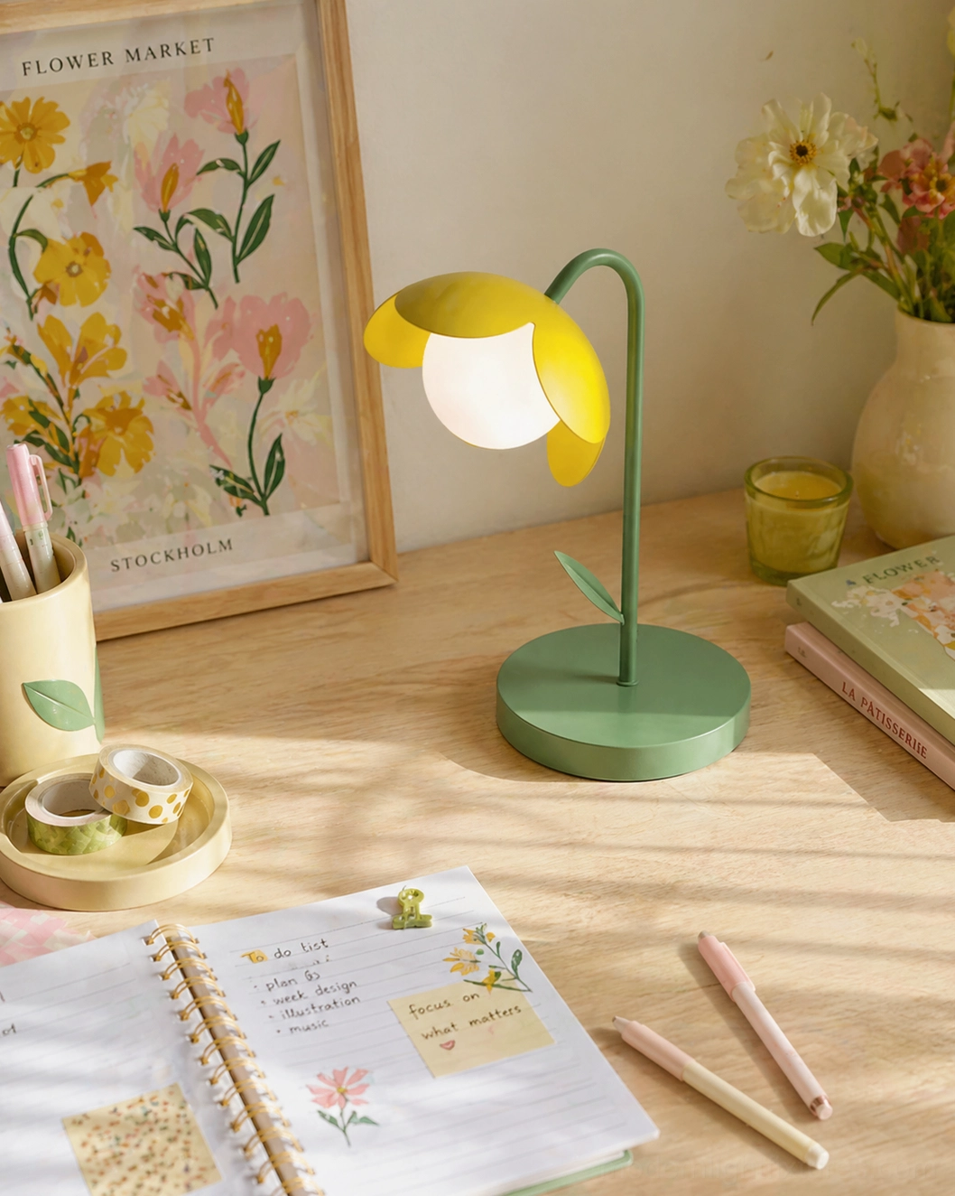Yellow tulip table lamp positioned on home office desk with stationery and floral wall art - modern table lighting