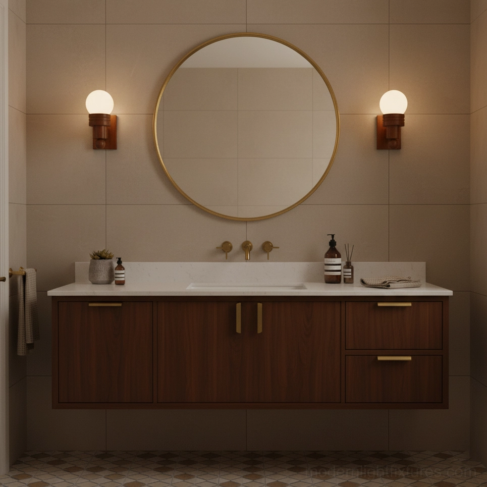 Twin Tupelo wall sconces installed around bathroom mirror for balanced vanity lighting in contemporary bathroom