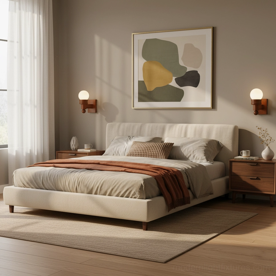Tupelo modern wall sconces installed on both sides of bed frame in master bedroom, warm lighting ambiance