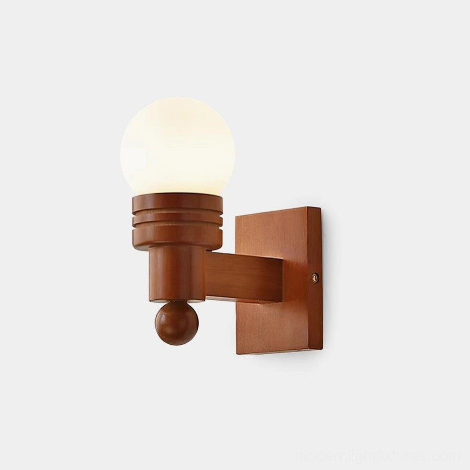 Tupelo mid-century modern wall sconce with frosted glass shade and solid wood base, front view against white studio background