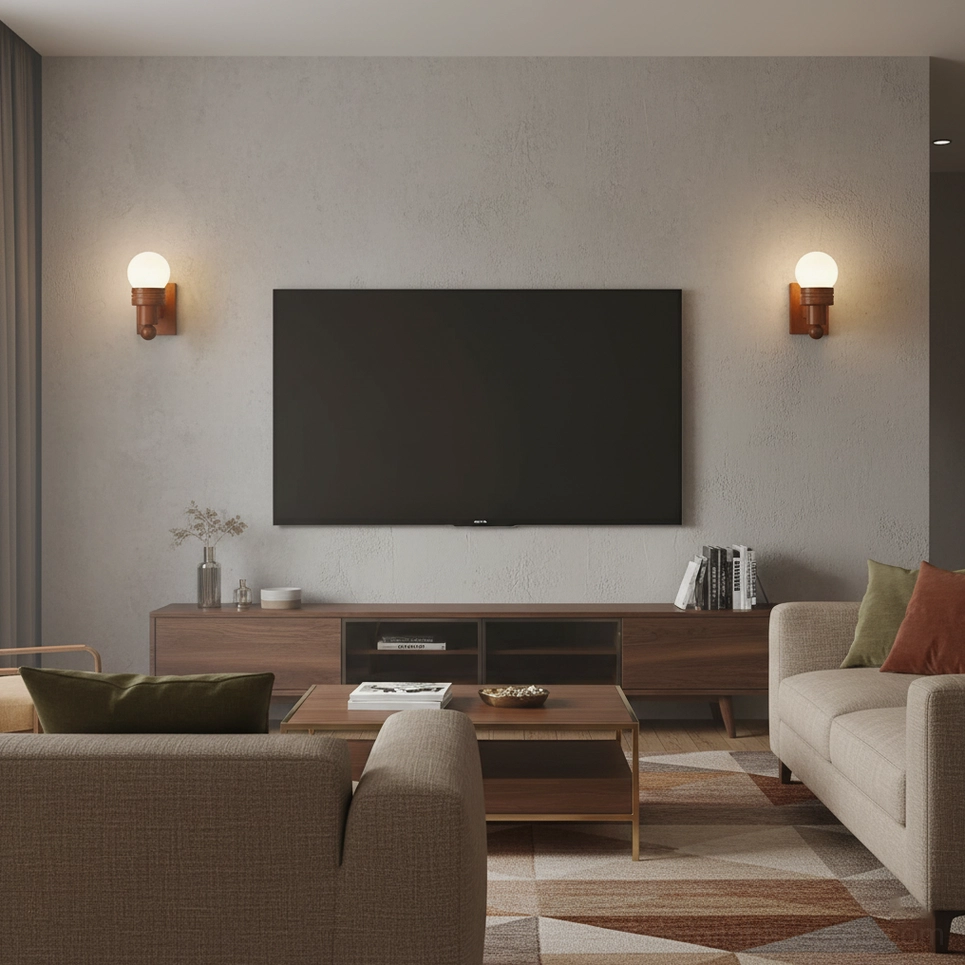 Matching Tupelo wall sconces creating ambient lighting on living room TV wall with warm home décor setting