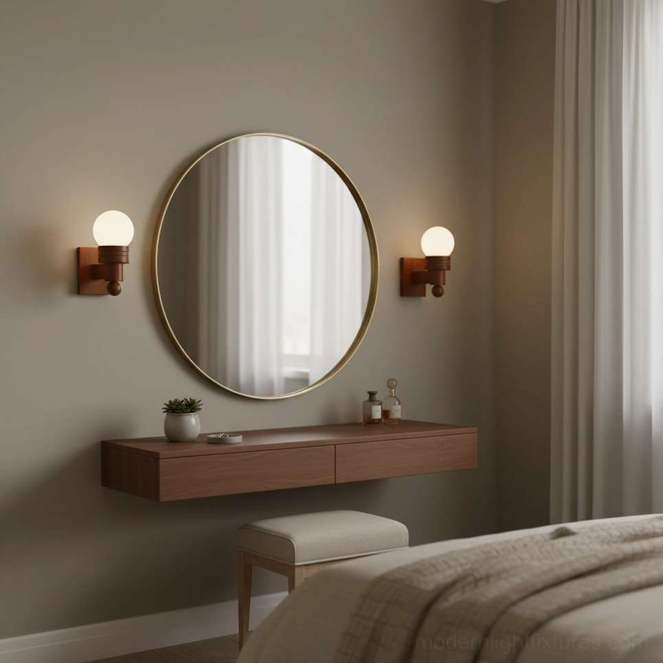 Pair of Tupelo mid-century modern wall sconces flanking round mirror on bedroom vanity, matching lighting fixtures