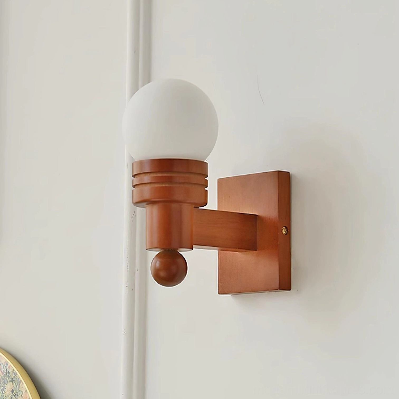 Tupelo wall sconce side profile view showing wooden mounting bracket and glass shade construction details